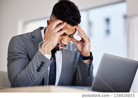 Stress, laptop and headache with business man in office for anxiety, tax and burnout. Mental health, glitch and tired with lawyer and legal research in law firm for frustrated, confused and fatigue 138828855