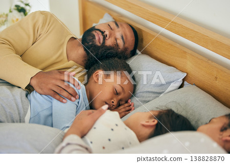 Sleeping, comfort and family in bed relax, resting and dreaming in their home together. Peaceful, sleep and parents embrace children in bedroom for nap, relaxation or cozy, love and sweet on weekend Sleeping, comfort and family in bed relax, resting and dreaming in their home together. Peaceful, sleep and parents embrace children in bedroom for nap, relaxation or cozy, love and sweet on weekend 138828870