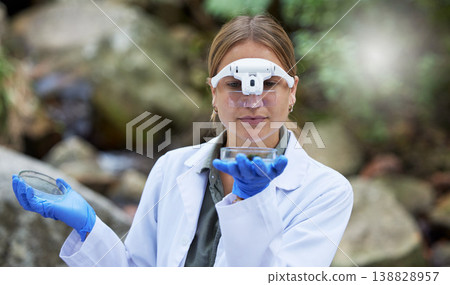 Science, analysis and woman with petri dish in woods, studying growth of trees and sustainable plants in nature. Ecology, safety and research in biology, scientist with glasses and forest inspection. 138828957