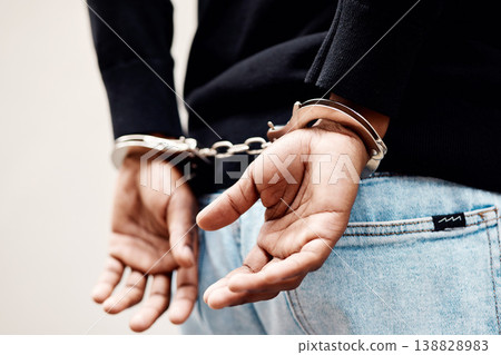 Back, arrest and handcuffs with a man suspect of a crime by law enforcement closeup on a gray background. Security, jail or prison with a male criminal handcuffed from behind for legal justice Back, arrest and handcuffs with a man suspect of a crime by law enforcement closeup on a gray background. Security, jail or prison with a male criminal handcuffed from behind for legal justice 138828983