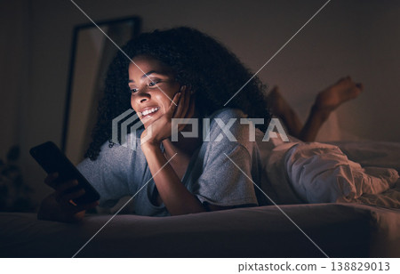 Insomnia, happy and phone with woman in bedroom for social media app, night and networking. Communication, contact and internet with female person in bed at home for mobile, online and technology Insomnia, happy and phone with woman in bedroom for social media app, night and networking. Communication, contact and internet with female person in bed at home for mobile, online and technology 138829013