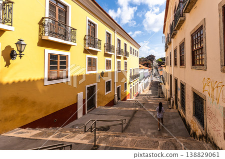 Sao Luis, Brazil - Jan 11, 2026: Traditional Portuguese architecture and staircase on Rua da Palma street in Sao Luis, Brazil Sao Luis, Brazil - Jan 11, 2026: Traditional Portuguese architecture and staircase on Rua da Palma street in Sao Luis, Brazil 138829061