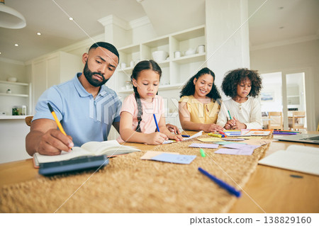 Writing, learning and family with children for home education and support in kitchen with parents or mother and father. Biracial kids, mom and dad for teaching, helping and drawing and school books 138829160