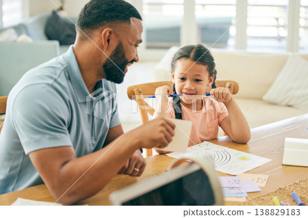 Happy, education and a father and child with homework, teaching and help with studying in a house. Smile, support and a dad with paper for a reading girl, learning language doing a project for school 138829183