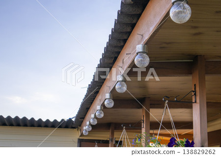 Decorative outdoor string lights hanging from wooden eaves of a patio, with a clear sky and colorful flowers visible in the foreground 138829262