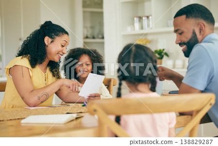 Education, parents and kids learning in home with family support, knowledge and studying together. Happy mom, dad and teaching children for young development, growth and helping with school project Education, parents and kids learning in home with family support, knowledge and studying together. Happy mom, dad and teaching children for young development, growth and helping with school project 138829287