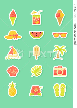 Summer vacation sticker set with beach icons and tropical elements vector illustration. Summer vacation sticker set with beach icons and tropical elements vector illustration. 138829315