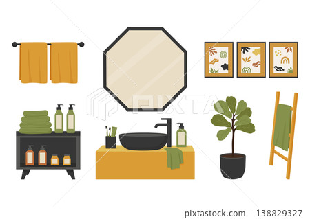 Modern bathroom interior furniture and spa accessories set vector illustration. 138829327