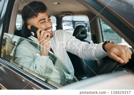 Phone call, driving and man with a smile, communication and cheerful with connection, network and talking. Driver, male person and guy with a smartphone, travel and joy with contact and happiness Phone call, driving and man with a smile, communication and cheerful with connection, network and talking. Driver, male person and guy with a smartphone, travel and joy with contact and happiness 138829357
