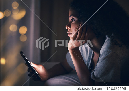 Thinking, night and phone with woman in bedroom for social media app, insomnia and networking. Communication, contact and internet with female person in bed at home for mobile, online and technology Thinking, night and phone with woman in bedroom for social media app, insomnia and networking. Communication, contact and internet with female person in bed at home for mobile, online and technology 138829396