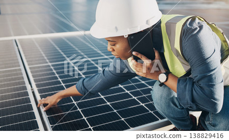 Phone call, solar panel and black woman maintenance conversation about photovoltaic plate, sustainability or inspection. Renewable energy, smartphone chat and female engineer check electricity cell Phone call, solar panel and black woman maintenance conversation about photovoltaic plate, sustainability or inspection. Renewable energy, smartphone chat and female engineer check electricity cell 138829416