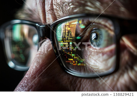 Close-up portrait of software engineer's eyeglasses looking at computer screen with programming code reflecting in glasses. Ai Generative 138829421