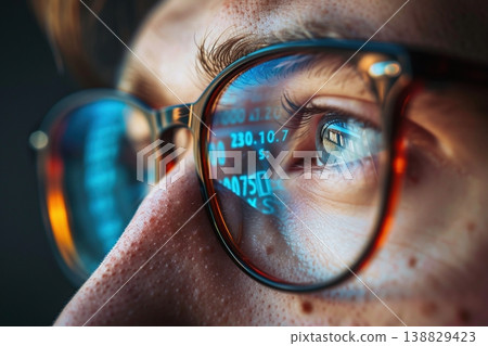Close-up portrait of software engineer's eyeglasses looking at computer screen with programming code reflecting in glasses. Ai Generative 138829423