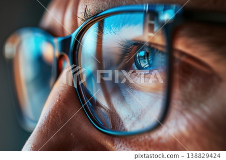 Close-up portrait of software engineer's eyeglasses looking at computer screen with programming code reflecting in glasses. Ai Generative 138829424