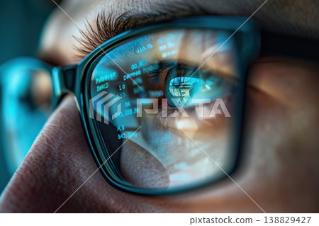 Close-up portrait of software engineer's eyeglasses looking at computer screen with programming code reflecting in glasses. Ai Generative 138829427