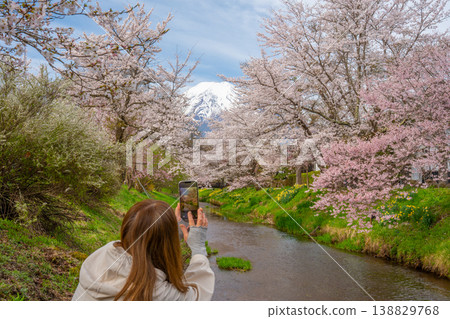 從忍野村眺望春櫻和富士山——“忍野村” 138829768