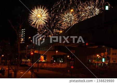 夜晚的橋樑和煙火 夜晚的橋樑和煙火 138829980