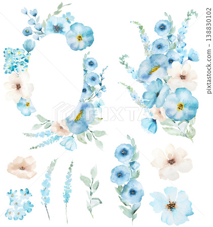 Watercolor frame and bouquet clipart with light blue flowers, botanical wedding stationery illustration Watercolor frame and bouquet clipart with light blue flowers, botanical wedding stationery illustration 138830102