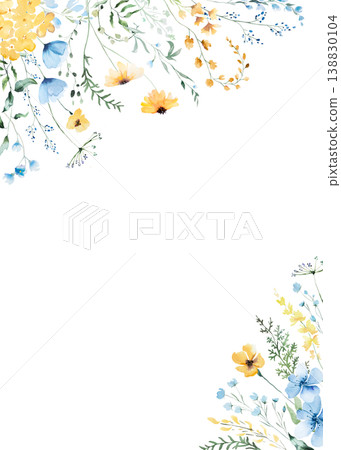 Floral frame with yellow and light blue watercolor wildflowers, spring wedding illustration Floral frame with yellow and light blue watercolor wildflowers, spring wedding illustration 138830104