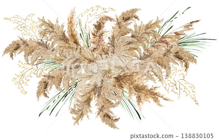 Bouquet with watercolor beige pampas grass, Boho Wedding isolated illustration Bouquet with watercolor beige pampas grass, Boho Wedding isolated illustration 138830105