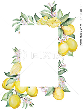 Watercolor frame with yellow lemon fruits and green leaves. Mediterranean wedding stationery Watercolor frame with yellow lemon fruits and green leaves. Mediterranean wedding stationery 138830108