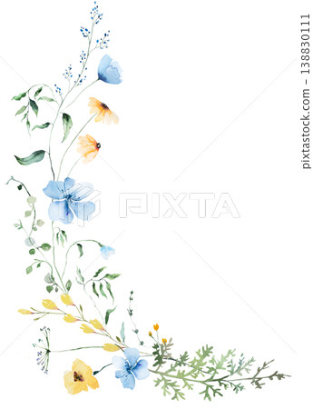 Watercolor bouquet with yellow and light blue wildflowers, isolated illustration for wedding stationery Watercolor bouquet with yellow and light blue wildflowers, isolated illustration for wedding stationery 138830111