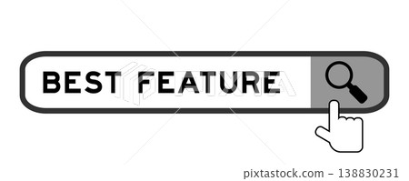 Search banner in word best feature with hand over magnifier icon on white background Search banner in word best feature with hand over magnifier icon on white background 138830231
