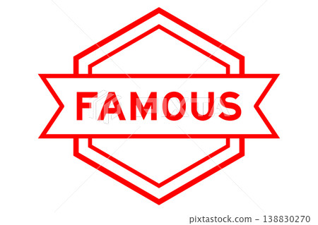 Vintage red color round label banner with word famous on white background 138830270