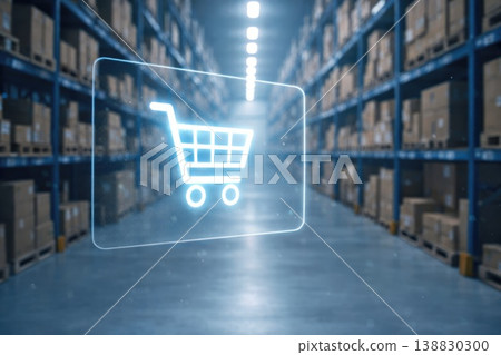 Digital shopping cart icon in modern warehouse representing ecommerce logistics and online retail Digital shopping cart icon in modern warehouse representing ecommerce logistics and online retail 138830300