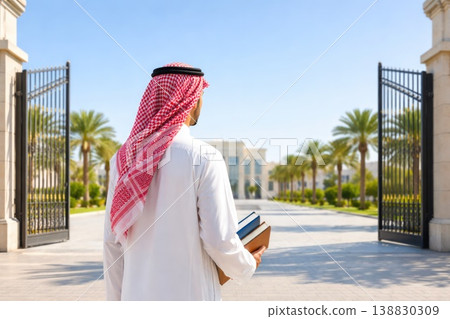 Arab male student walking toward university campus holding books in sunny day Arab male student walking toward university campus holding books in sunny day 138830309