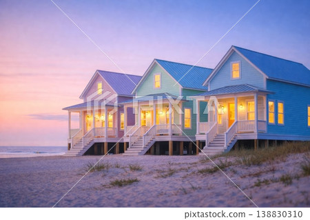 Colorful beach houses on sandy shore at sunset with cozy lights Colorful beach houses on sandy shore at sunset with cozy lights 138830310
