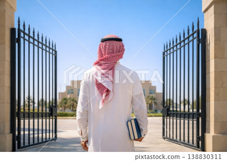 Middle Eastern man entering modern campus gate holding books from behind Middle Eastern man entering modern campus gate holding books from behind 138830311