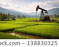 Oil pump jack working in green agricultural field with mountains in background 138830325