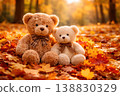 Cute bears sitting together on autumn leaves in warm golden forest light 138830329