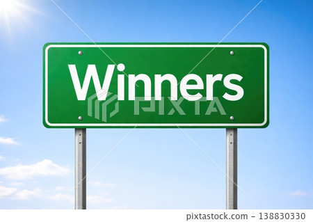 Green road sign with winners text isolated on blue sky background Green road sign with winners text isolated on blue sky background 138830330