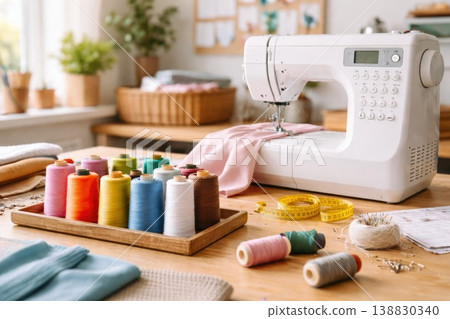 Sewing machine with colorful threads and fabric on cozy workspace table 138830340