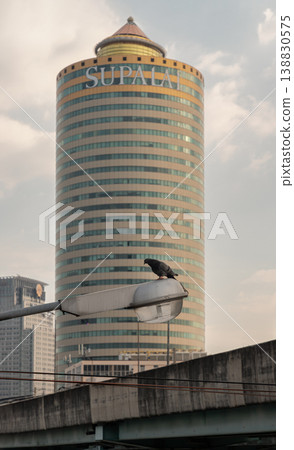 A solitary pigeon stands in sharp silhouette, perched atop a weathered streetlamp in the foreground. Its humble, unassuming presence offers a profound sense of scale and vital life against the 138830575