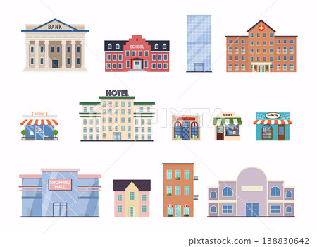 Flat city buildings. School, bank, shop, contemporary office center, hospital facade and city hall building. 138830642