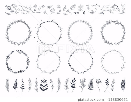 Floral ornament frames. Hand drawn ornamental borders, Decorative leaves frame. Floral ornament frames. Hand drawn ornamental borders, Decorative leaves frame. 138830651