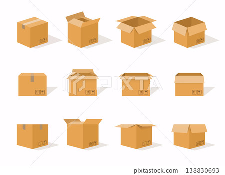 Carton delivery packaging open and closed box with fragile signs. Cardboard box mockup set. 138830693