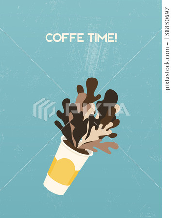 Coffee time banner. Vector illustration of disposable coffee cup with coffee splashes. 138830697