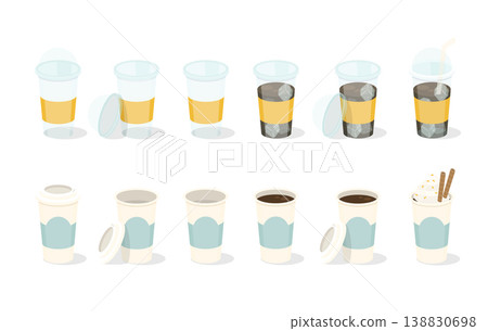 Set of coffee in paper and plastic cup. Can be used like a animation. Vector illustration. 138830698