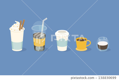 Different types of coffee in paper and glass cup. Vector illustration. Different types of coffee in paper and glass cup. Vector illustration. 138830699
