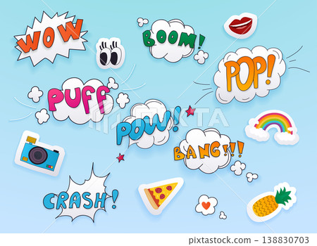 Comic speech bubbles set with different emotions and text Wow, puff, pow, boom bang, crash, pop. Comic speech bubbles set with different emotions and text Wow, puff, pow, boom bang, crash, pop. 138830703