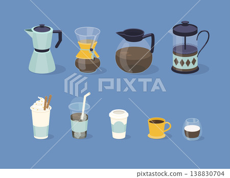 Different types of coffee in paper and glass cup. Vector illustration. Different types of coffee in paper and glass cup. Vector illustration. 138830704