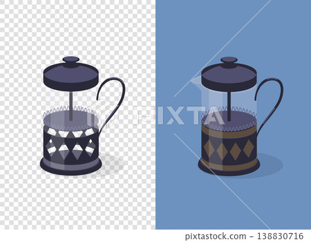 French press coffee maker on transparent and blue background. Empty and full. Flat vector illustration. French press coffee maker on transparent and blue background. Empty and full. Flat vector illustration. 138830716