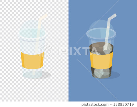 Plastic Coffee Cups on transparent and blue background. Empty and full. Flat vector illustration. 138830719