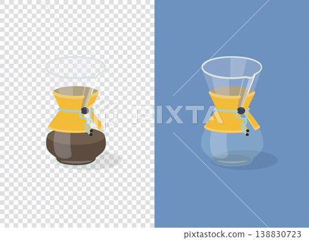 Vintage glass coffeemaker on transparent and blue background. Empty and full. Flat vector illustration. 138830723