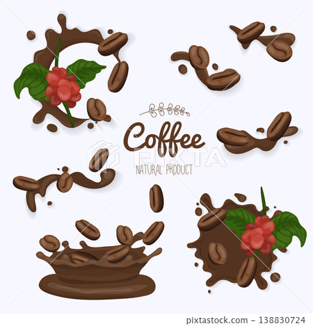 Set of coffee bins in coffee splash.  Template, design element for packaging, advertising. 138830724