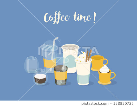 Coffee time banner. Different types of coffee in paper and glass cup. Vector illustration. Coffee time banner. Different types of coffee in paper and glass cup. Vector illustration. 138830725